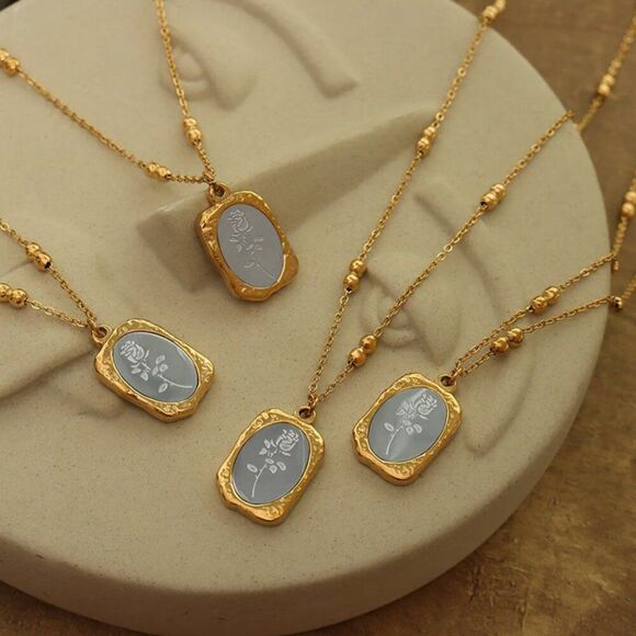 Two-Toned Gold and Silver Embossed Mirror Rose Pendant Necklace - Picture 8 of 11